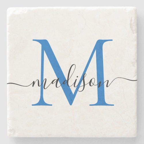 Elegant Personalized Monogram Script Navy Blue Stone Coaster