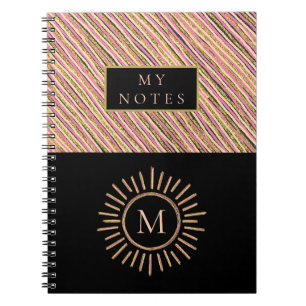 Elegant Personalized Monogram Stripes Yellow Gold Notebook
