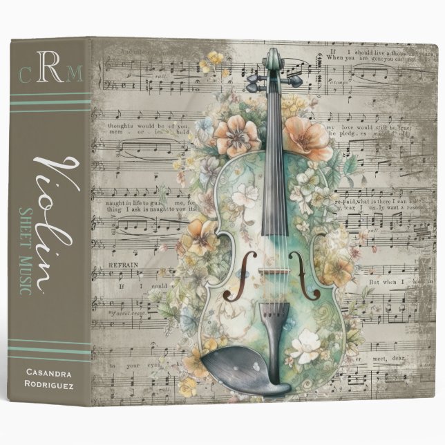 Elegant Personalized Monogram Violin Sheet Music 3 Ring Binder (Front/Spine)