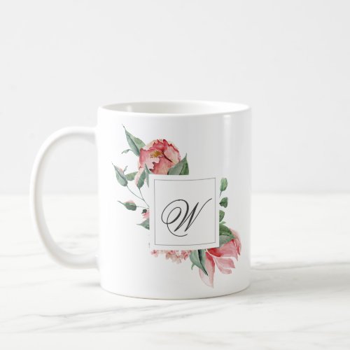 Elegant Personalized Monogram with Pink Roses Coffee Mug