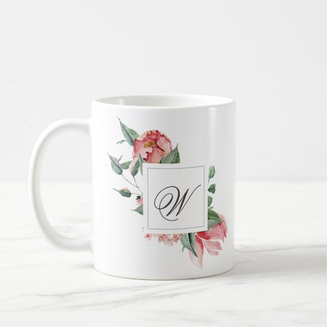Elegant Personalized Monogram with Pink Roses Coffee Mug (Left)