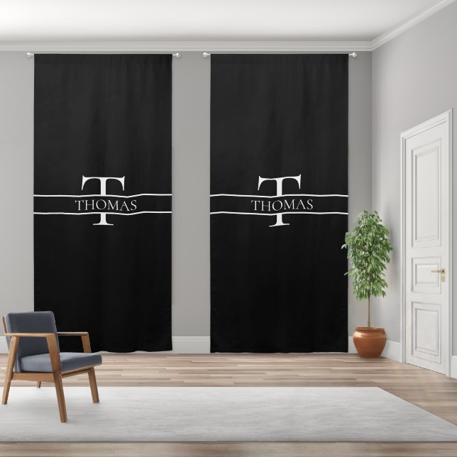 Elegant Personalized Monogrammed Custom Name Black Blackout Curtains (Wide)