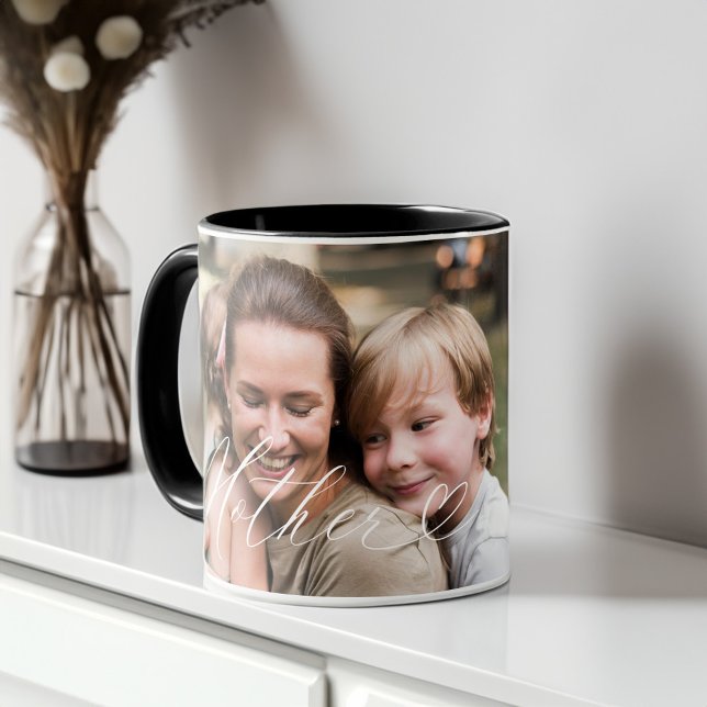Elegant Personalized Mother Photo Mother's Day Mug (Mother Script Heart Grateful Every Moment Photo Mug)