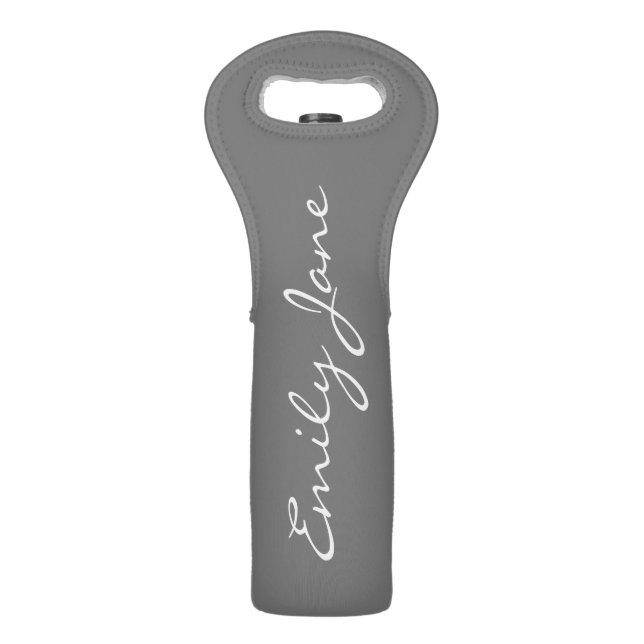 Elegant Personalized Name Gray Script Gift Carrier Wine Bag (Front)