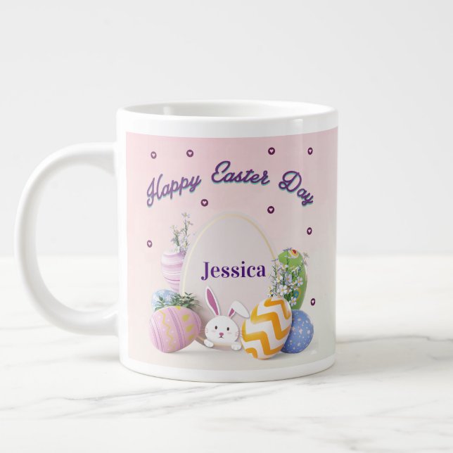 Elegant Personalized Name Happy Easter Day Giant Coffee Mug (Left)