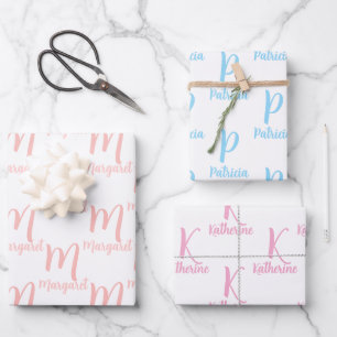 Elegant Personalized Name, Monogram Pink and Blue Wrapping Paper Sheets