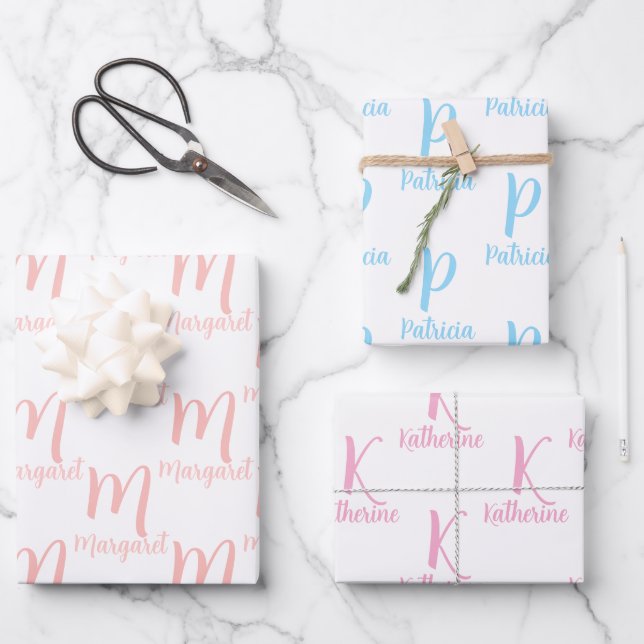 Elegant Personalized Name, Monogram Pink and Blue Wrapping Paper Sheets (Front)