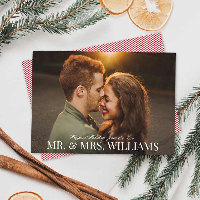 Elegant Personalized Name Newlywed Christmas Photo Holiday Card (Creator Uploaded)