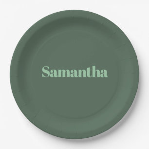 Elegant Personalized Name Typography |sage green Paper Plates
