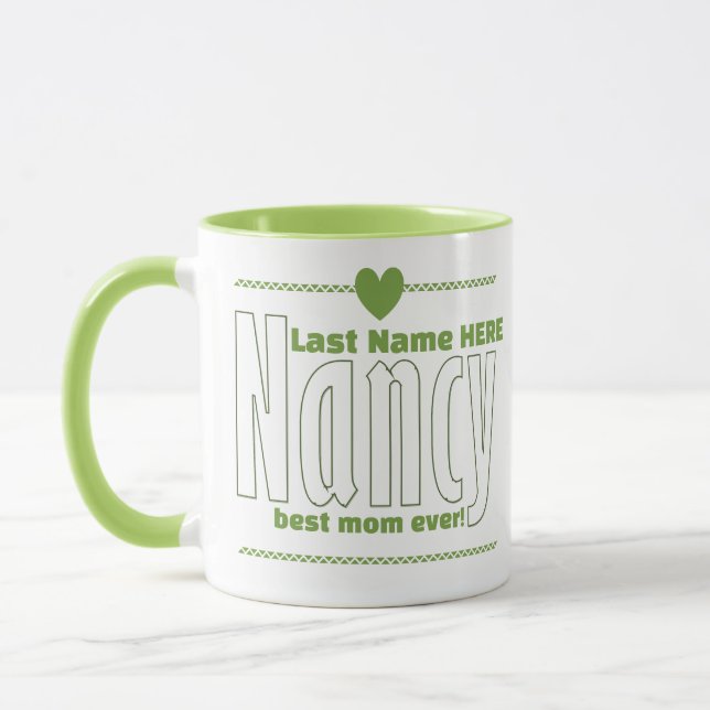 Elegant Personalized "Nancy" Name, Green Heart Art Mug (Left)