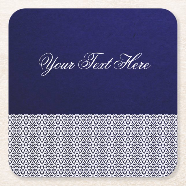 Elegant personalized navy blue white ornamental square paper coaster (Front)