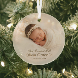 Elegant Personalized Newborn Baby Photo Keepsake Glass Ornament