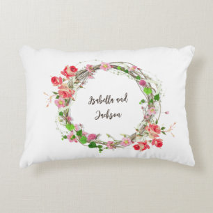 elegant personalized newlyweds couple name floral accent pillow