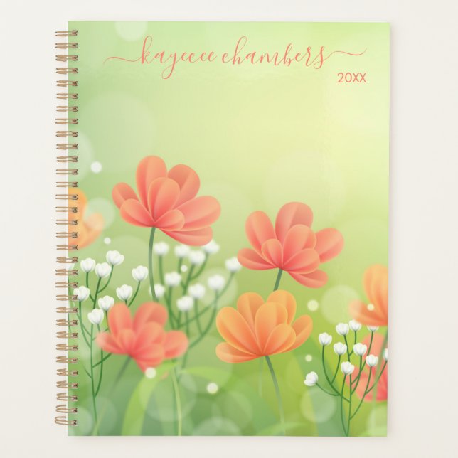 Elegant Personalized Orange & White Flowers Custom Planner (Front)