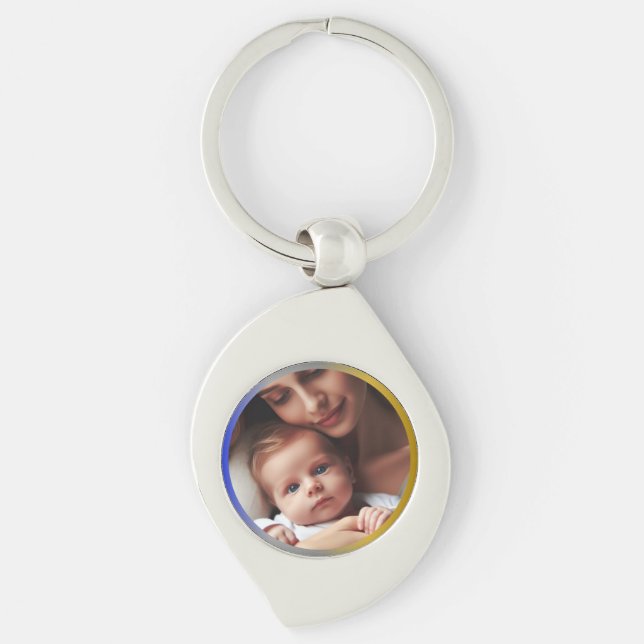Elegant Personalized Photo Blue Silver & Gold Keychain (Front)