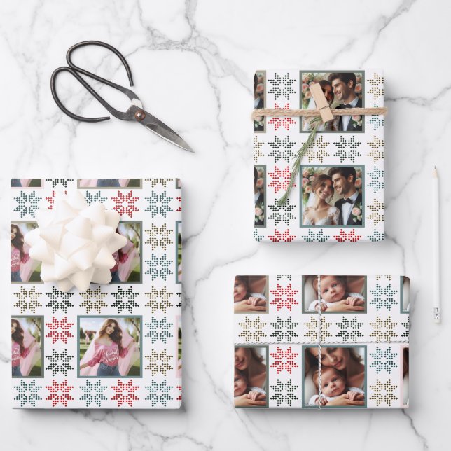 Elegant Personalized Photos and Holiday Poinsettia Wrapping Paper Sheets (Front)