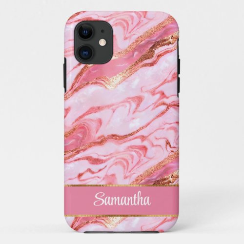 Elegant Personalized Pink and Gold Foil Marble iPhone 11 Case