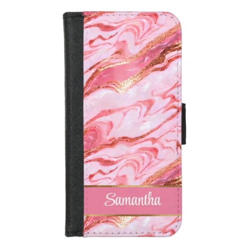 Elegant Personalized Pink and Gold Foil Marble iPhone 87 Wallet Case