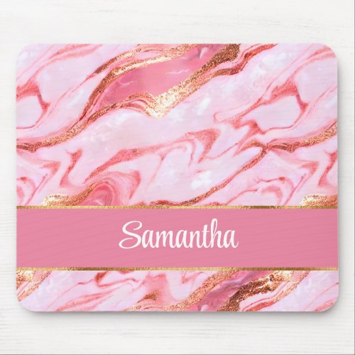 Elegant Personalized Pink and Gold Foil Marble Mouse Pad