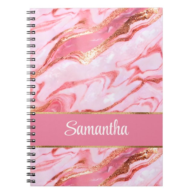 Elegant Personalized Pink and Gold Foil Marble Notebook (Front)