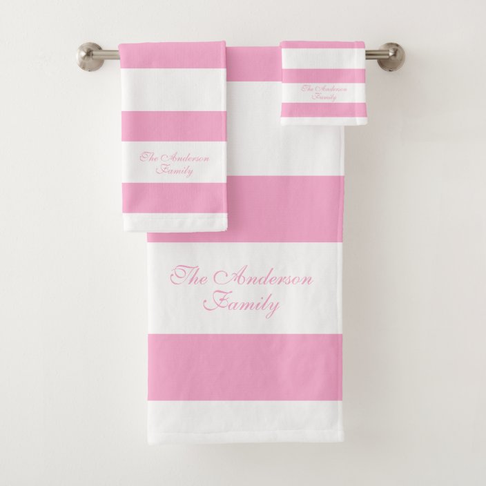 Elegant Personalized Pink And White Stripes Bath Towel Set