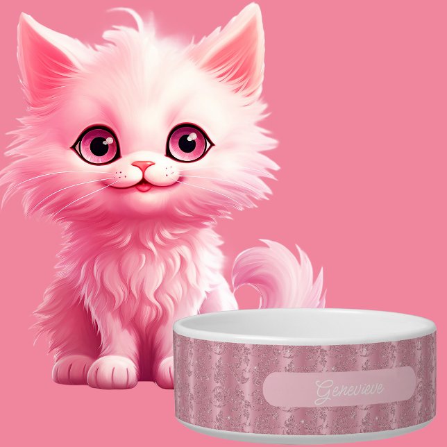 Elegant Personalized Pink Glitter Damask Cat Bowl (Creator Uploaded)