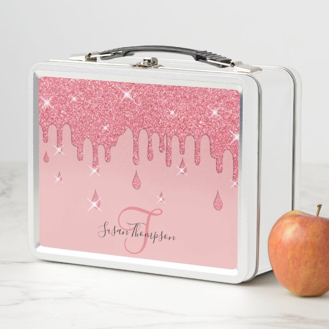 Elegant Personalized Pink Glitter Effect Sparkles  Metal Lunch Box (In Situ)