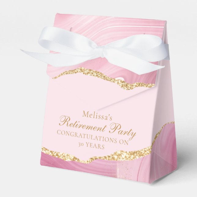 Elegant Personalized Pink Gold Retirement Party Favor Boxes (Front Side)