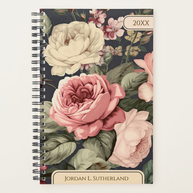 Elegant Personalized Pink & Ivory Dark Floral Planner (Front)