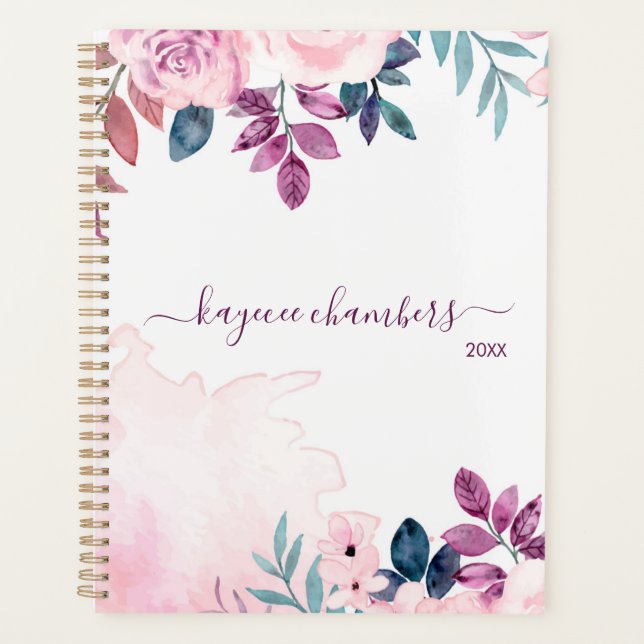 Elegant Personalized Pink & Purple Flowers Custom Planner (Front)