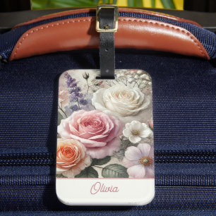 Elegant Personalized Pink Purple Watercolor Floral Luggage Tag