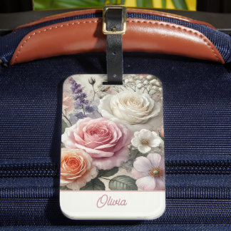 Elegant Personalized Pink Purple Watercolor Floral Luggage Tag