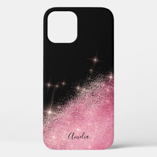 Elegant personalized pink rose gold glitter black iPhone 12 case