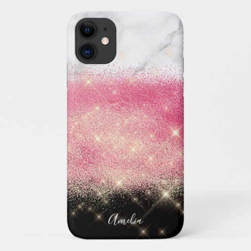 Elegant personalized pink rose gold glitter marble iPhone 11 case