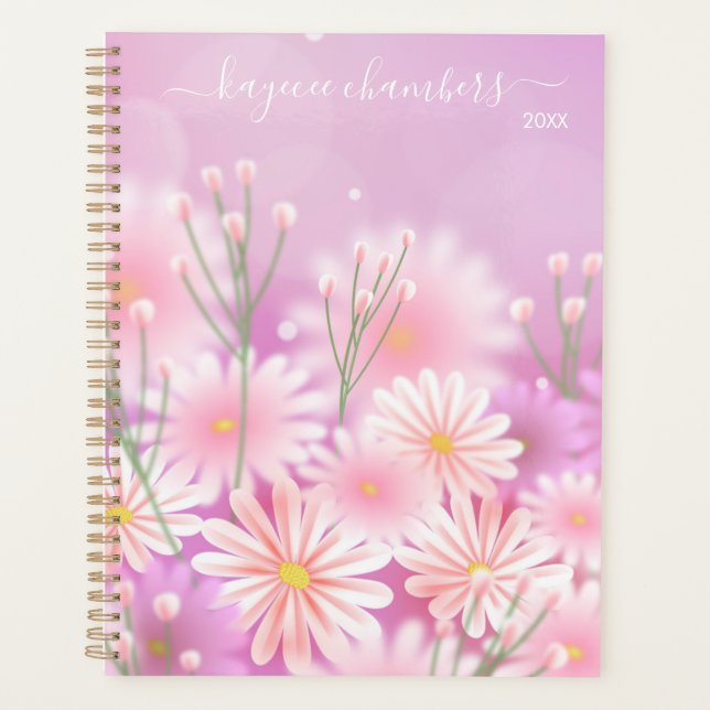 Elegant Personalized Pink & White Flowers Custom Planner (Front)