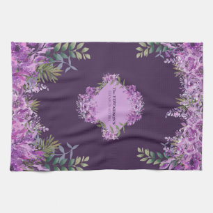 Elegant Personalized Purple and Aubergine Floral Kitchen Towel
