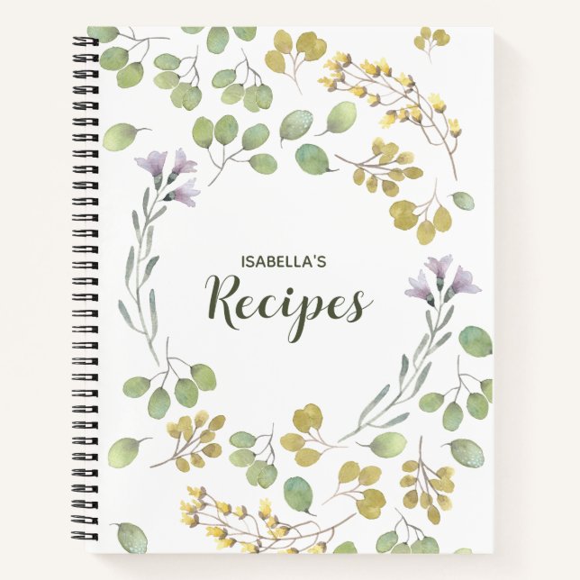 Elegant Personalized Recipe Watercolor Greenery Notebook (Front)