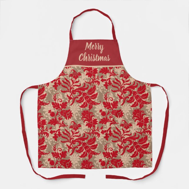 Elegant Personalized Red Floral Christmas Apron (Front)