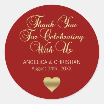 Elegant Personalized Red Gold Thank You Wedding Classic Round Sticker by UniqueWeddingShop at Zazzle