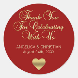 Elegant Personalized RED Gold Thank you Wedding Classic Round Sticker