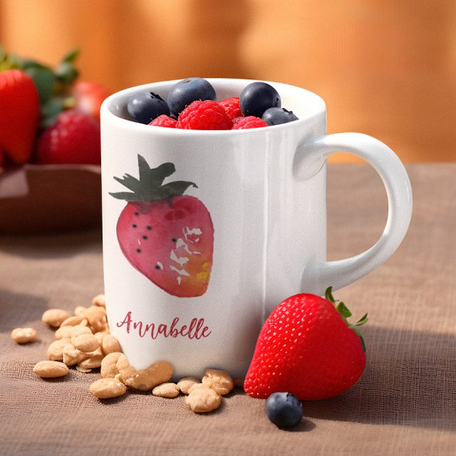 Elegant Personalized Red Watercolor Strawberry  Coffee Mug (This strawberry mug features my hand-painted watercolor berry, plus your name in chic retro script.)