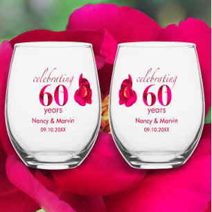 Elegant Personalized Rose 60th Anniversary Gift Stemless Wine Glass