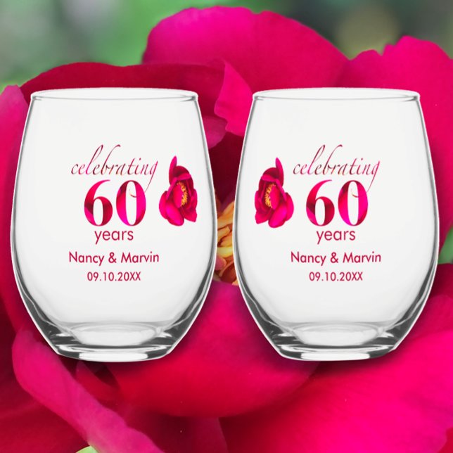 Elegant Personalized Rose 60th Anniversary Gift Stemless Wine Glass (Add couples names for beautiful red rose glass. Unique 60th anniversary keepsake gift. 
)