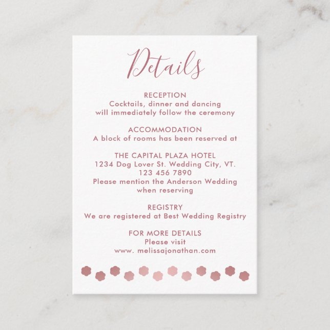 Elegant Personalized Rose Gold Pet Wedding Details Enclosure Card (Front)