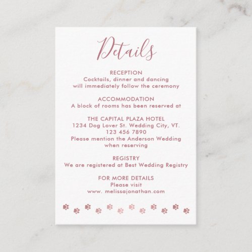 Elegant Personalized Rose Gold Pet Wedding Details Enclosure Card