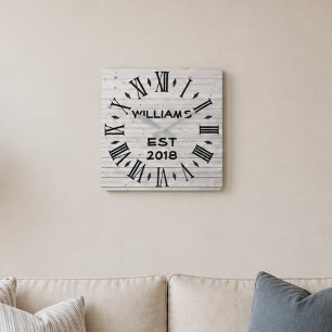 Elegant Personalized Rustic White Wood Square Wall Clock