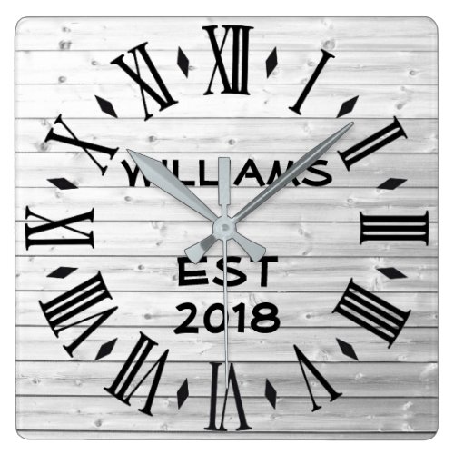 Elegant Personalized Rustic White Wood Square Wall Clock