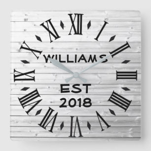 Elegant Personalized Rustic White Wood Square Wall Clock