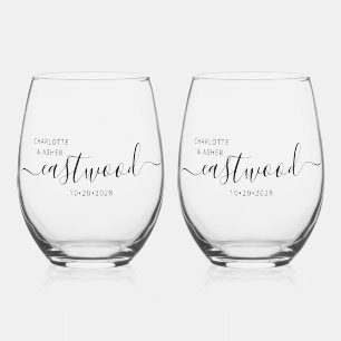 Elegant Personalized Script Couple Name Wedding Stemless Wine Glass