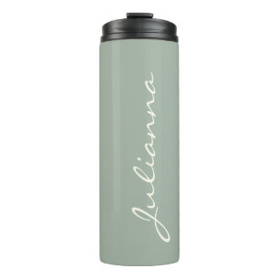 Elegant Personalized Script Name Sage Green Travel Thermal Tumbler